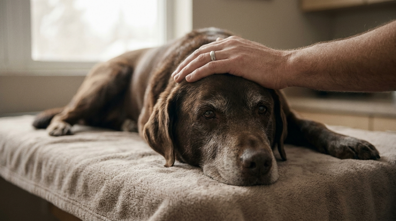 A veterinarian's hand resting on a senior Labrador