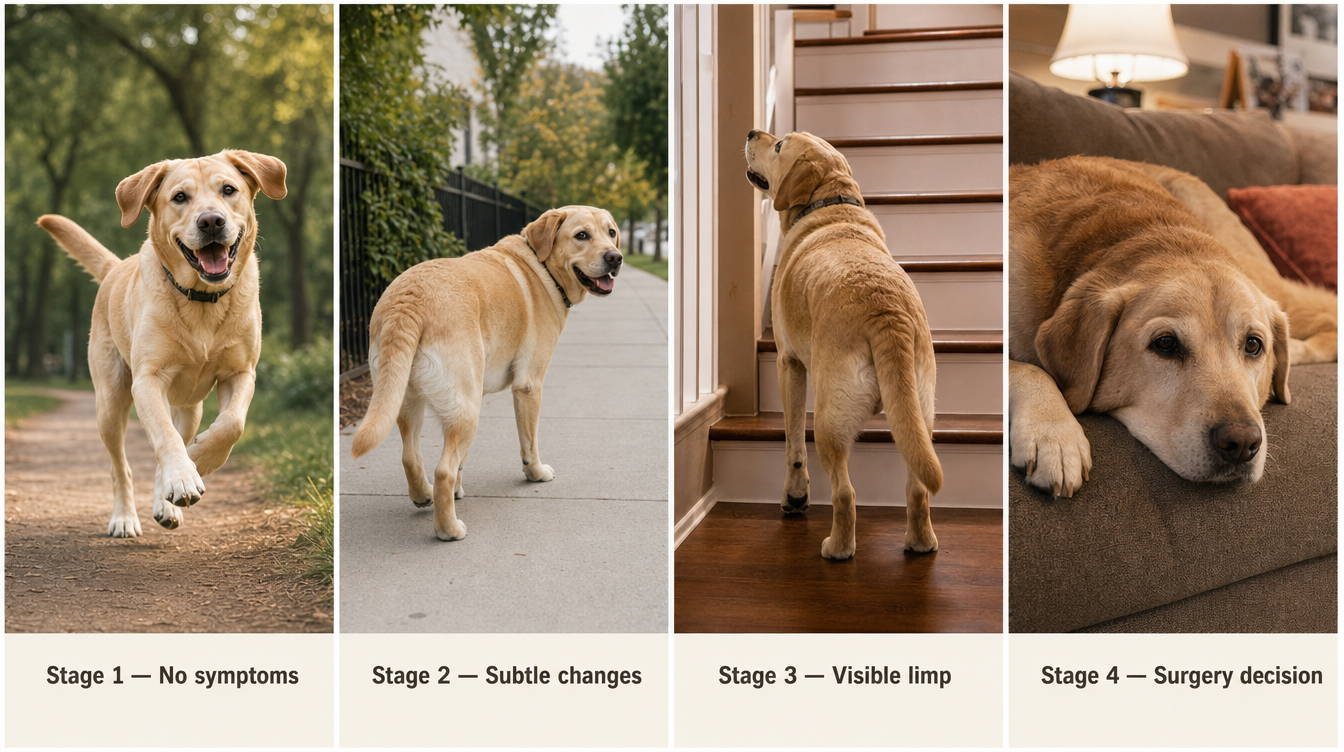 Four stages of canine joint decline from no symptoms to surgery decision