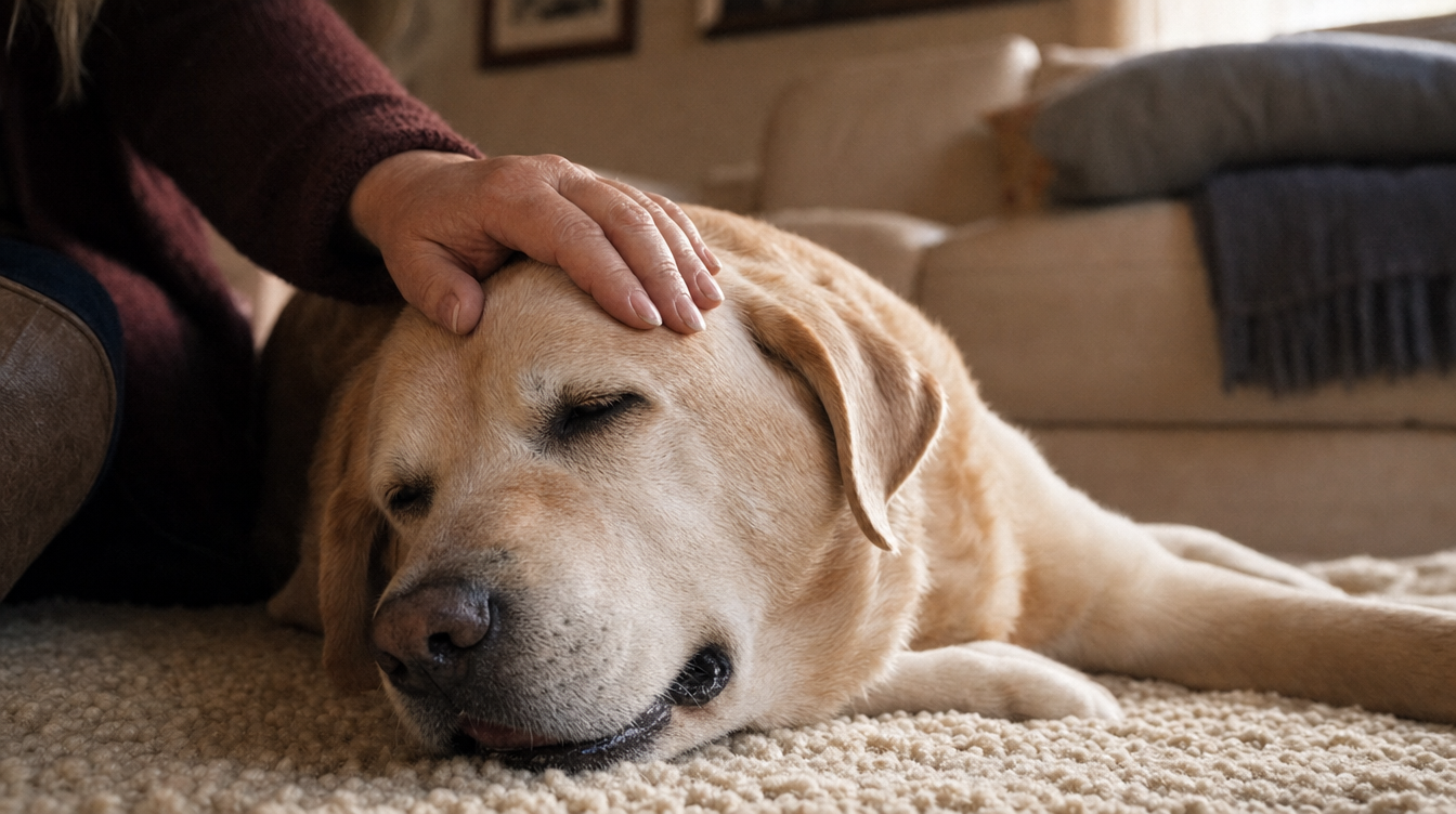 Patricia comforting her senior Labrador Toby