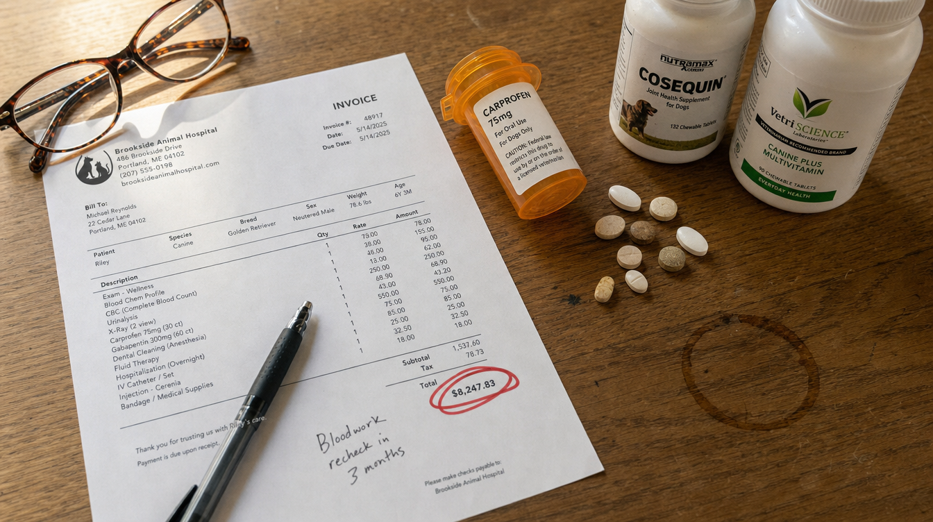 Veterinary invoice showing an $8,247.83 total beside joint supplements and medication